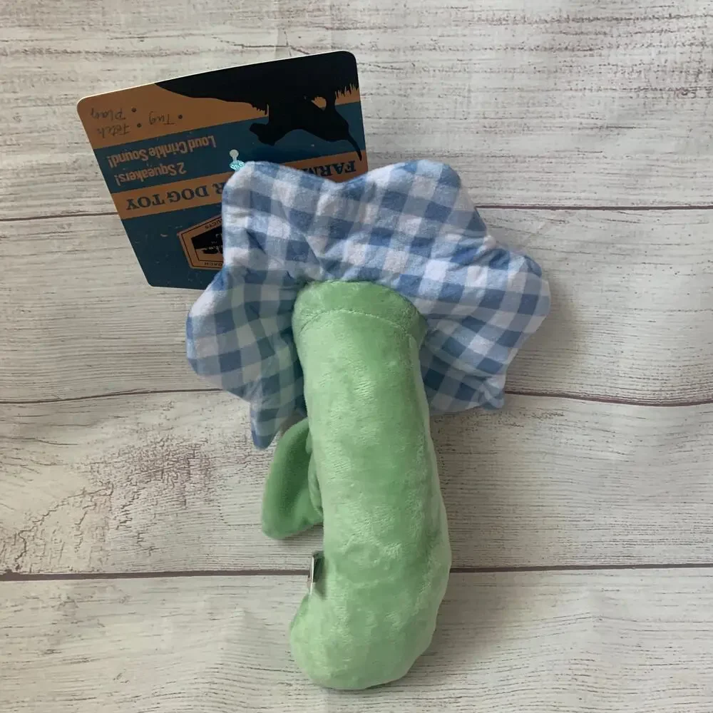 Dr. Pol Farm Flower Dog Toy Blue Gingham Plaid 2 Squeakers Crinkle 12 1/2